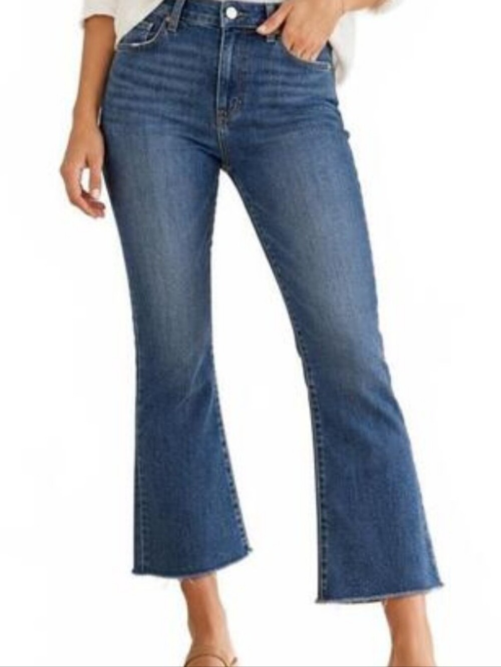 PAIGE Rory Crop Flare Jeans Size 31 High Rise Raw Hem Medium Wash Designer Denim